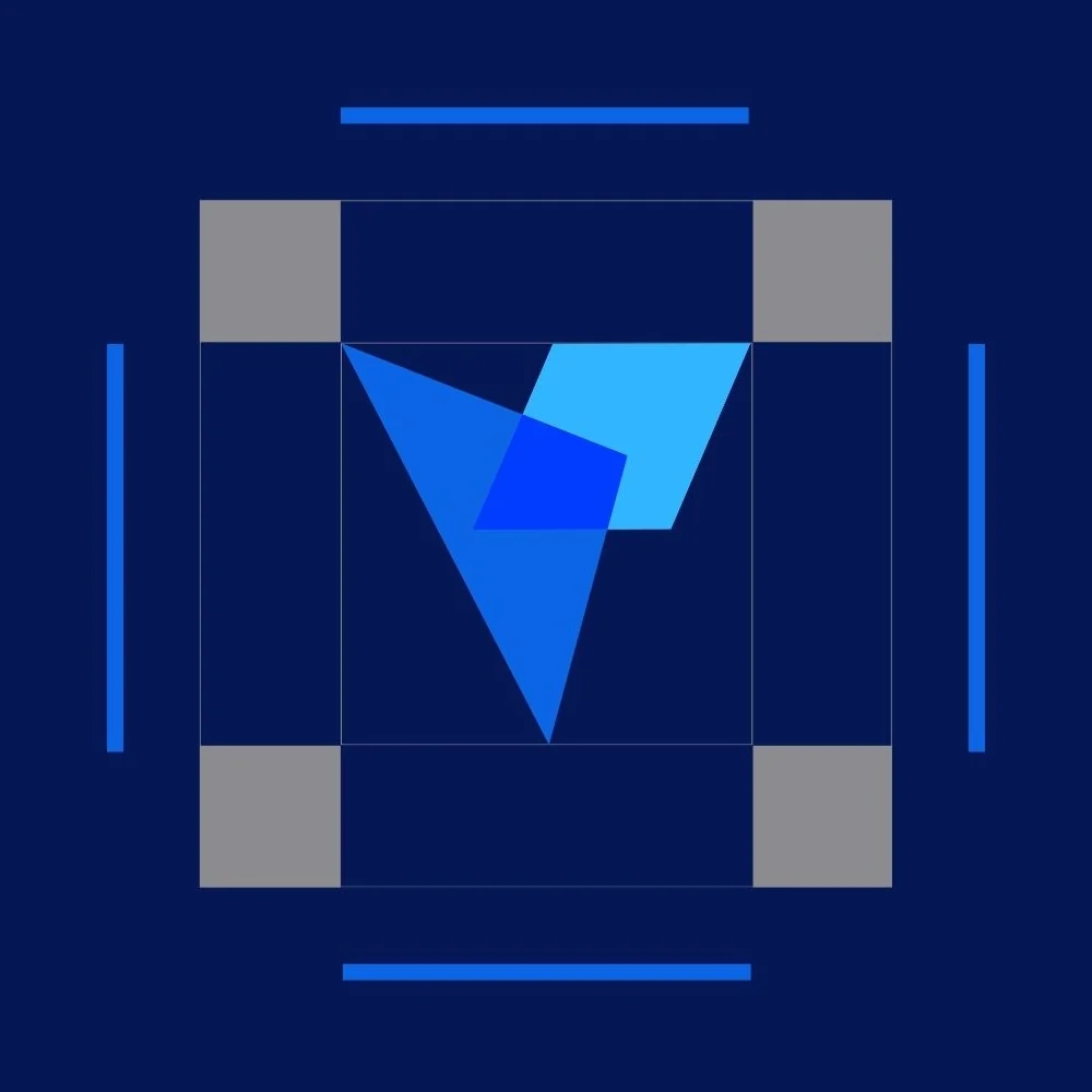 The Vertics mark on its construction grid, framed by guide squares and alignment bars
