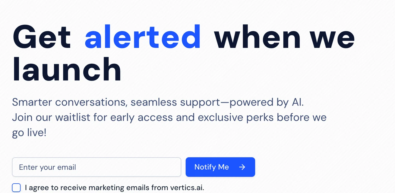 Detail of the coming-soon page: the headline, a one-line promise, an email field with a Notify Me button and a consent box