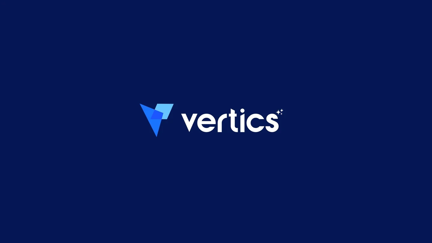 The Vertics mark and lowercase wordmark in white on deep navy, with a small spark after the name