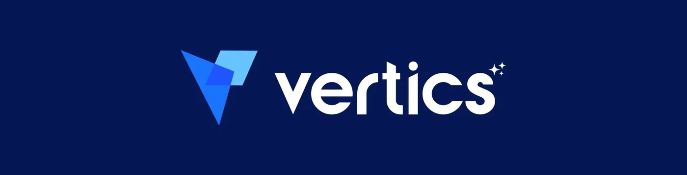 The Vertics lockup: the two-shape mark beside a lowercase vertics wordmark in white, on navy