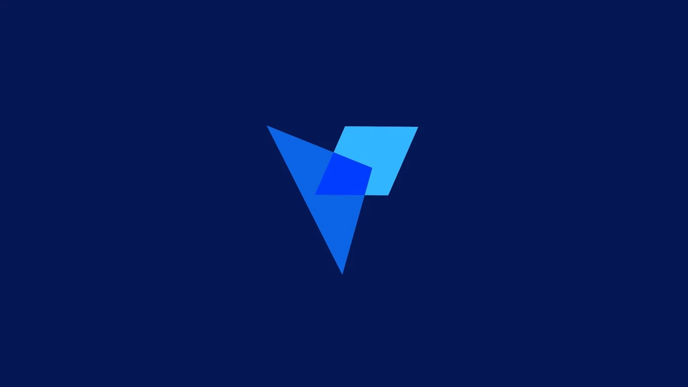 The Vertics mark on navy: a blue triangle and a sky-blue parallelogram overlapping to form a V