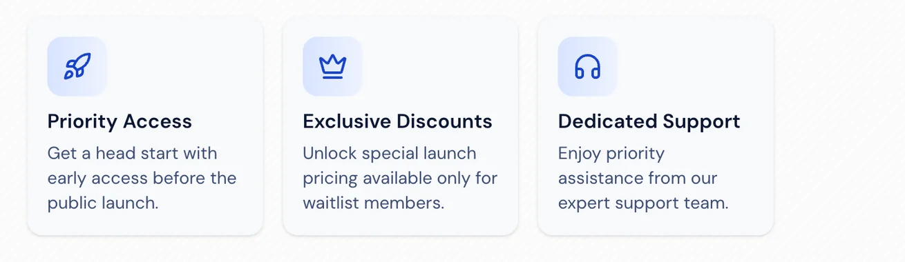 Detail of the coming-soon page: three cards for Priority Access, Exclusive Discounts and Dedicated Support