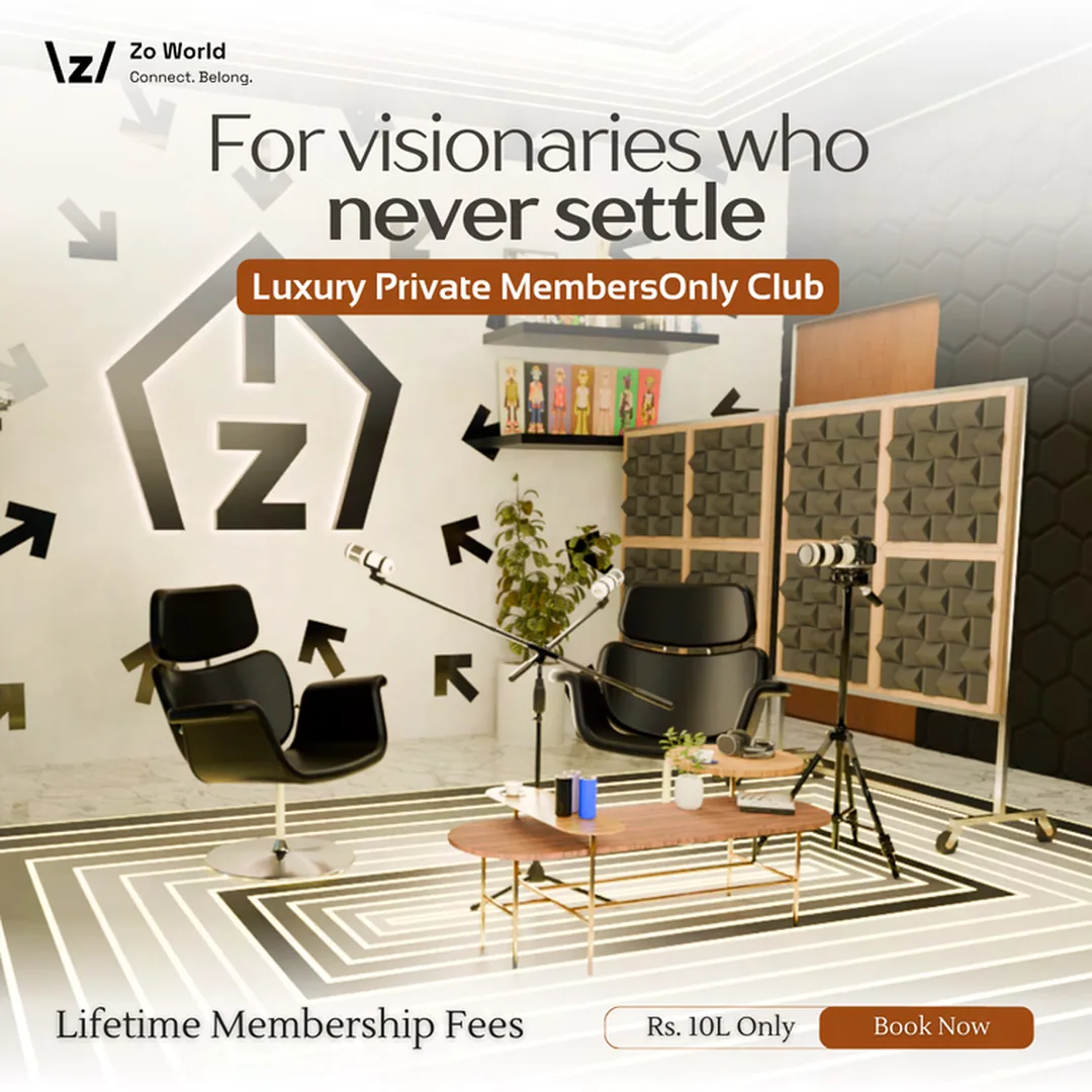 A Zo World campaign creative: For visionaries who never settle, over a clubhouse room with the z lockup drawn large on the wall