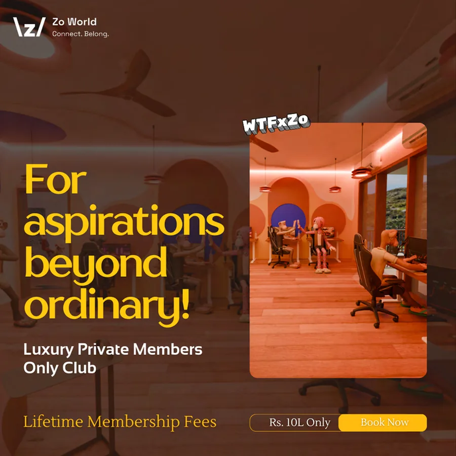 A Zo World creative: For aspirations beyond ordinary, Luxury Private Members Only Club, beside an arched clubhouse workspace
