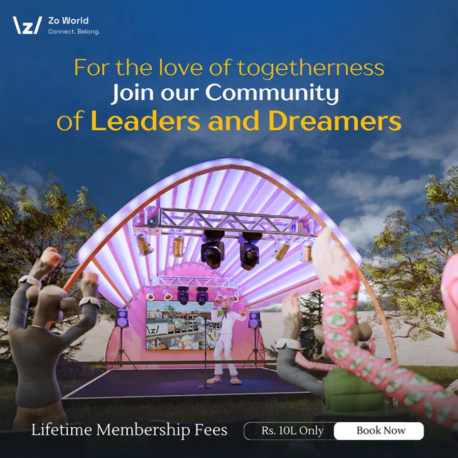 A Zo World creative: For the love of togetherness, Join our Community of Leaders and Dreamers, over a lit stage under an arch