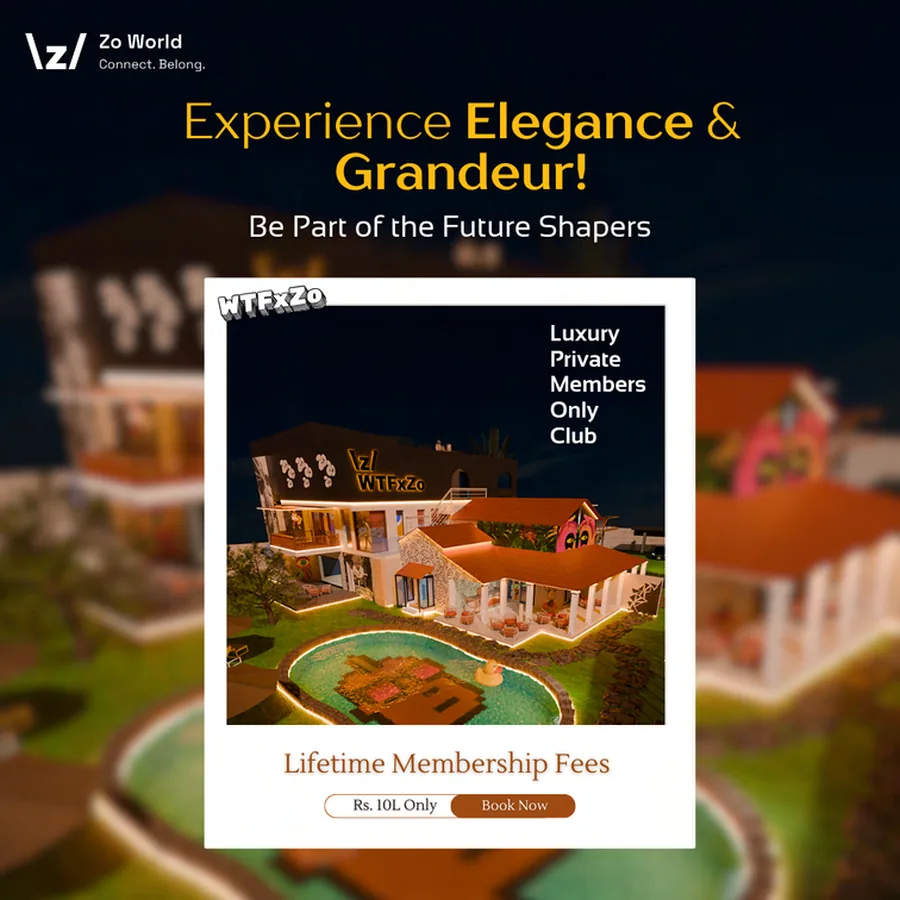 A Zo World creative: Experience Elegance and Grandeur, Be Part of the Future Shapers, above a model of a clubhouse villa