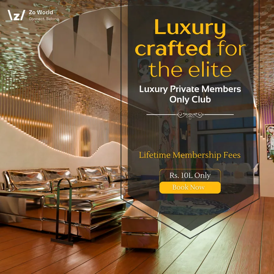 A Zo World creative: Luxury crafted for the elite, Luxury Private Members Only Club, over a curved clubhouse interior