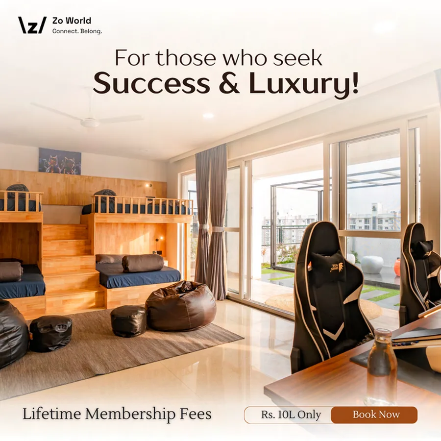 A Zo World creative: For those who seek Success and Luxury, over a bright room with bunk beds and gaming chairs