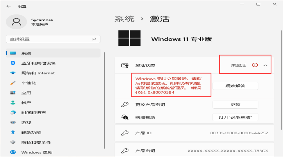 设置中显示 Windows 11 专业版未激活