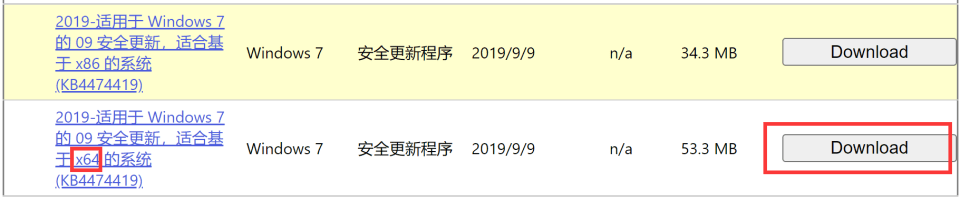选择 Windows 7 x64 的 KB4474419 更新