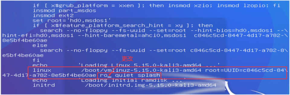 修改前的 GRUB 内核参数 ro quiet splash