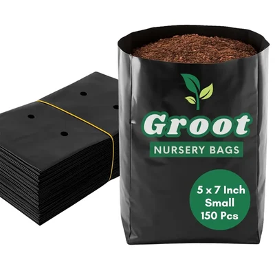 Pack of 150 - GROOT 5 x 7 Inches Nursery Bags for Plants, Small (Black)