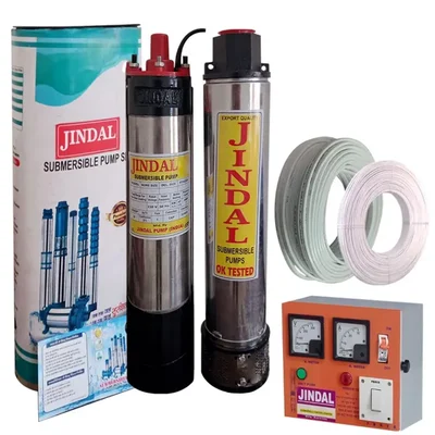 Jindal 1HP 10 Stage (V4) 1Ph Oil Cooled Submersible Pump With CP, 30m Cable & 30m Safety Wire