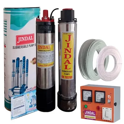 Jindal 1HP 8 Stage (V4) 1Ph Oil Cooled Submersible Pump With CP, 30m Cable & 30m Safety Wire