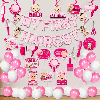 Pack Of 3 | 48 Pcs First Hair Cut Pink Mundan Decor Kit Paper Banner for Baby Boy With Metallic Balloons & Photo Props