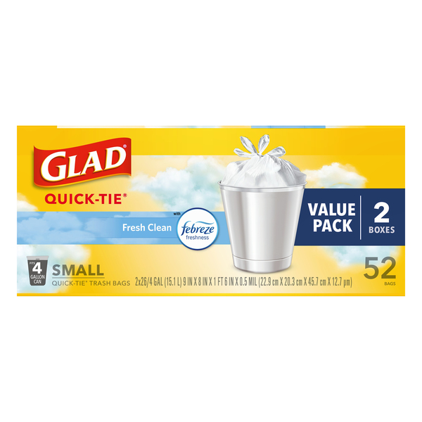 Glad Trash Bags, Quick Tie, Original Scent, Small, 4 Gallon, Trash Bags