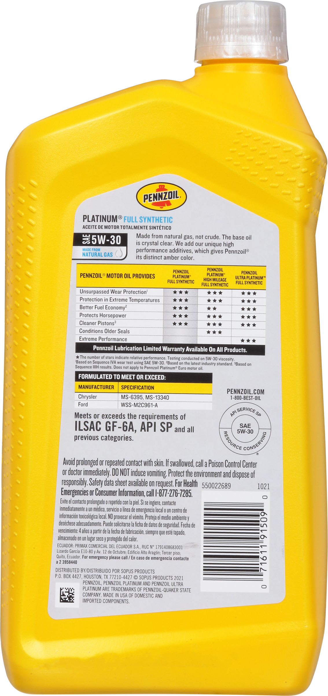 Pennzoil Platinum Full Synthetic Motor Oil SAE 5W-30 | Stop & Shop