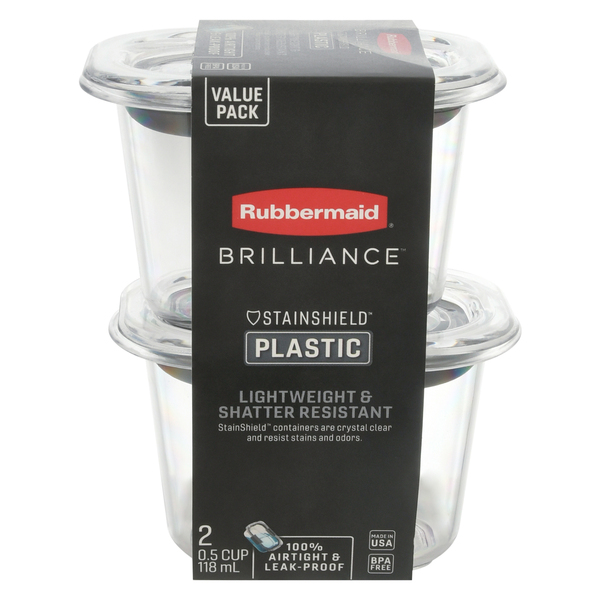 Rubbermaid Brilliance Glass Food Storage Containers, 8-Cup Food Containers with Lids, 2-Pack, Size: BPA Free and Leak Proof, Large