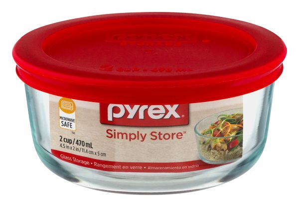 Pyrex Storage 4-Cup Round Dish with Dark Blue Plastic Cover, Clear (Pack of 2 Containers)