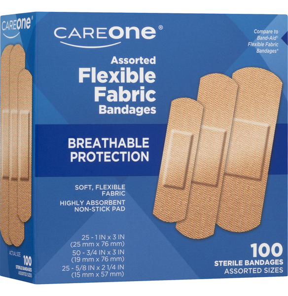 CareOne Bandages Flexible Fabric Breathable Protection Assorted - 100 ct  pkg