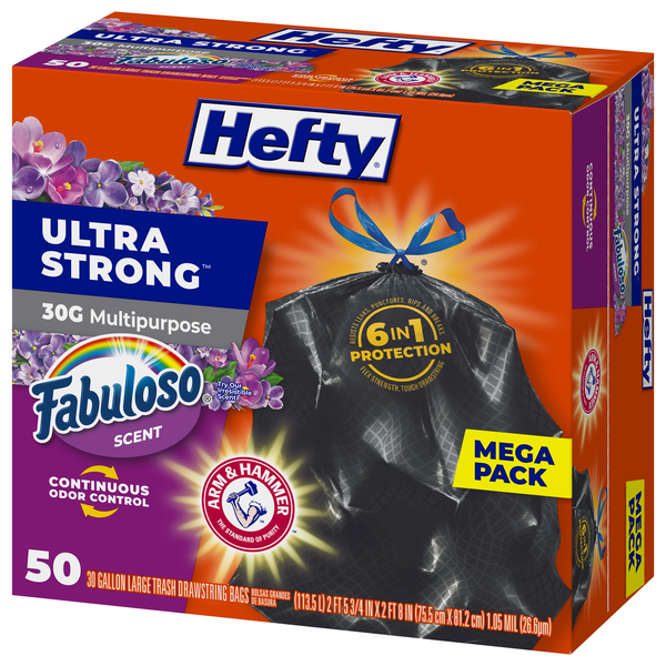 Hefty Trash Bags, Drawstring, Fabuloso Scent, Large, 30 Gallon