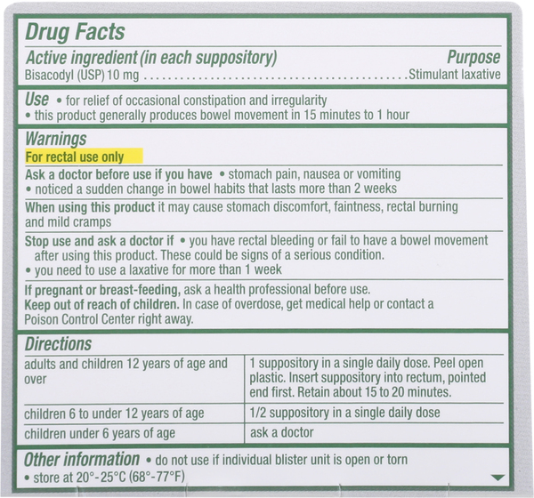 Bisacodyl Suppositories USP 10 mg 12 Each 