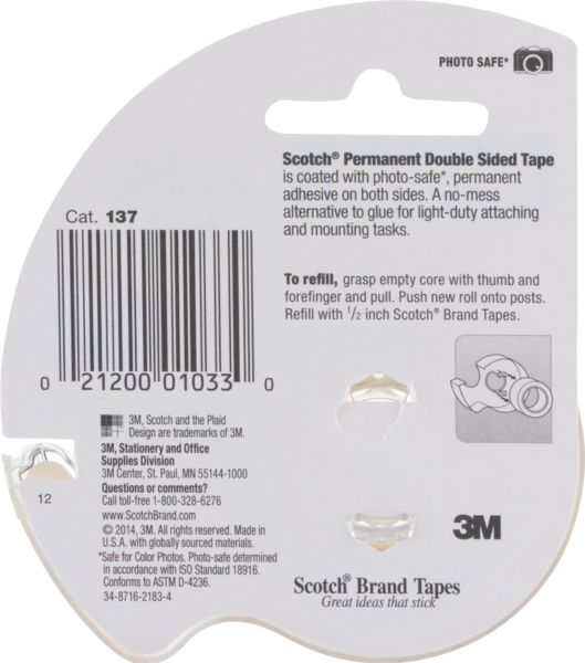 Scotch Permanent Double Sided Tape, 1/2 in x 450 in (12.5 yd)