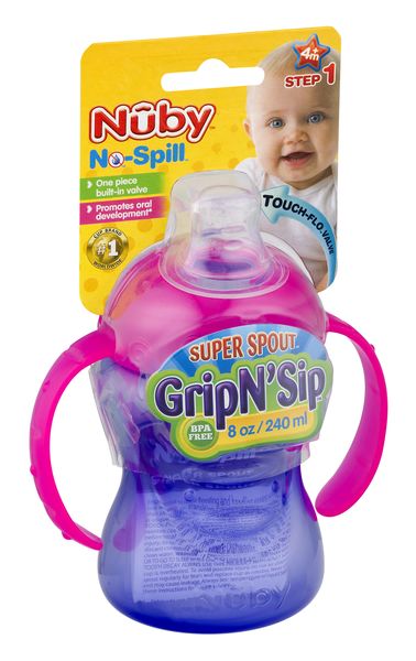 Nuby No-Spill Cup, Super Spout, Grip N' Sip, 8 oz, Step 1 (4M+)