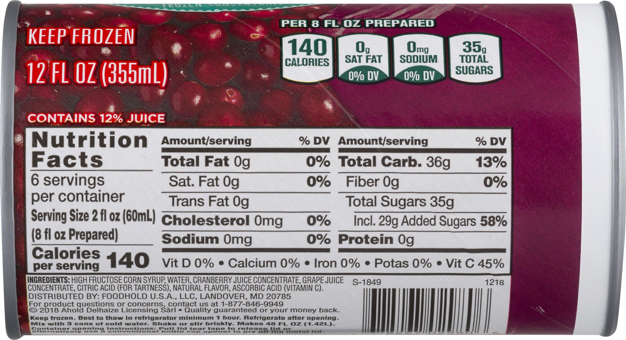 Frozen cranberry top juice concentrate