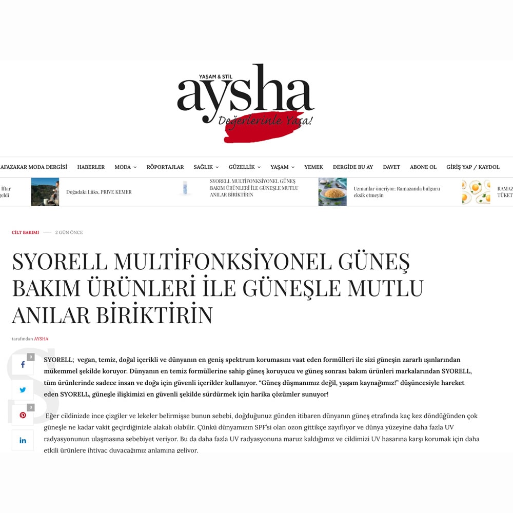 Aysha Syorell Multifonksiyonel Güneş Bakım Ürünleri