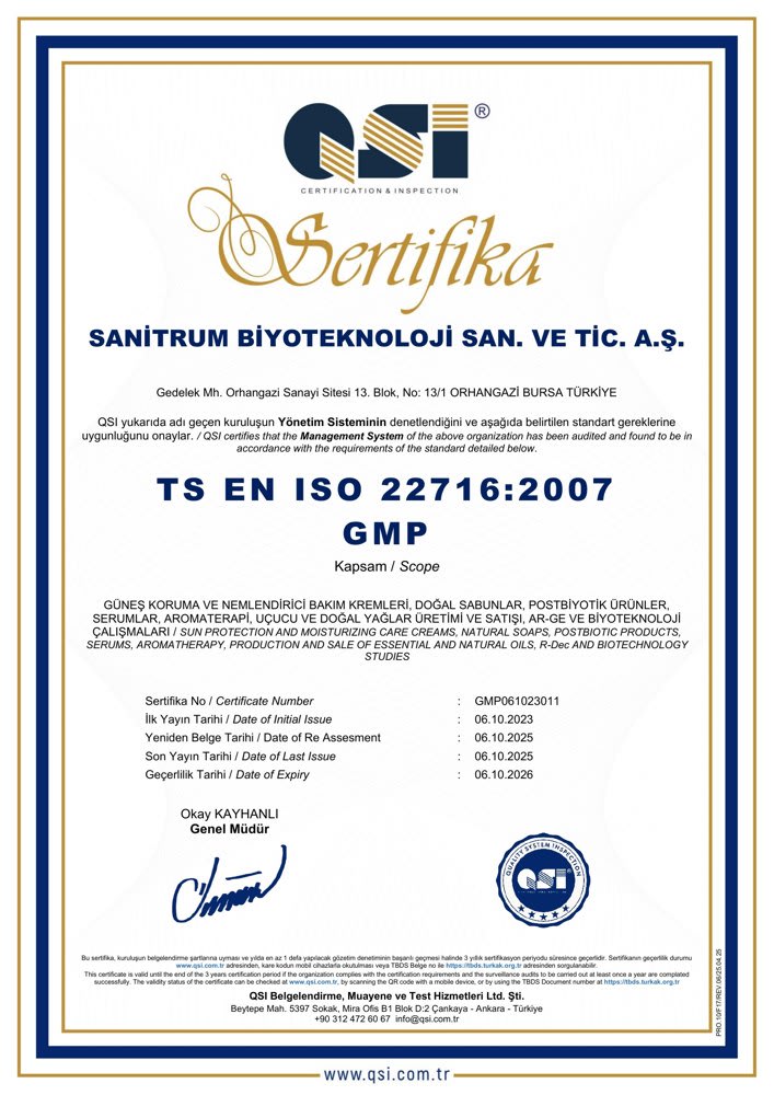 GMP İyi Üretim Uygulamaları Belgesi — Sanitrum Biyoteknoloji