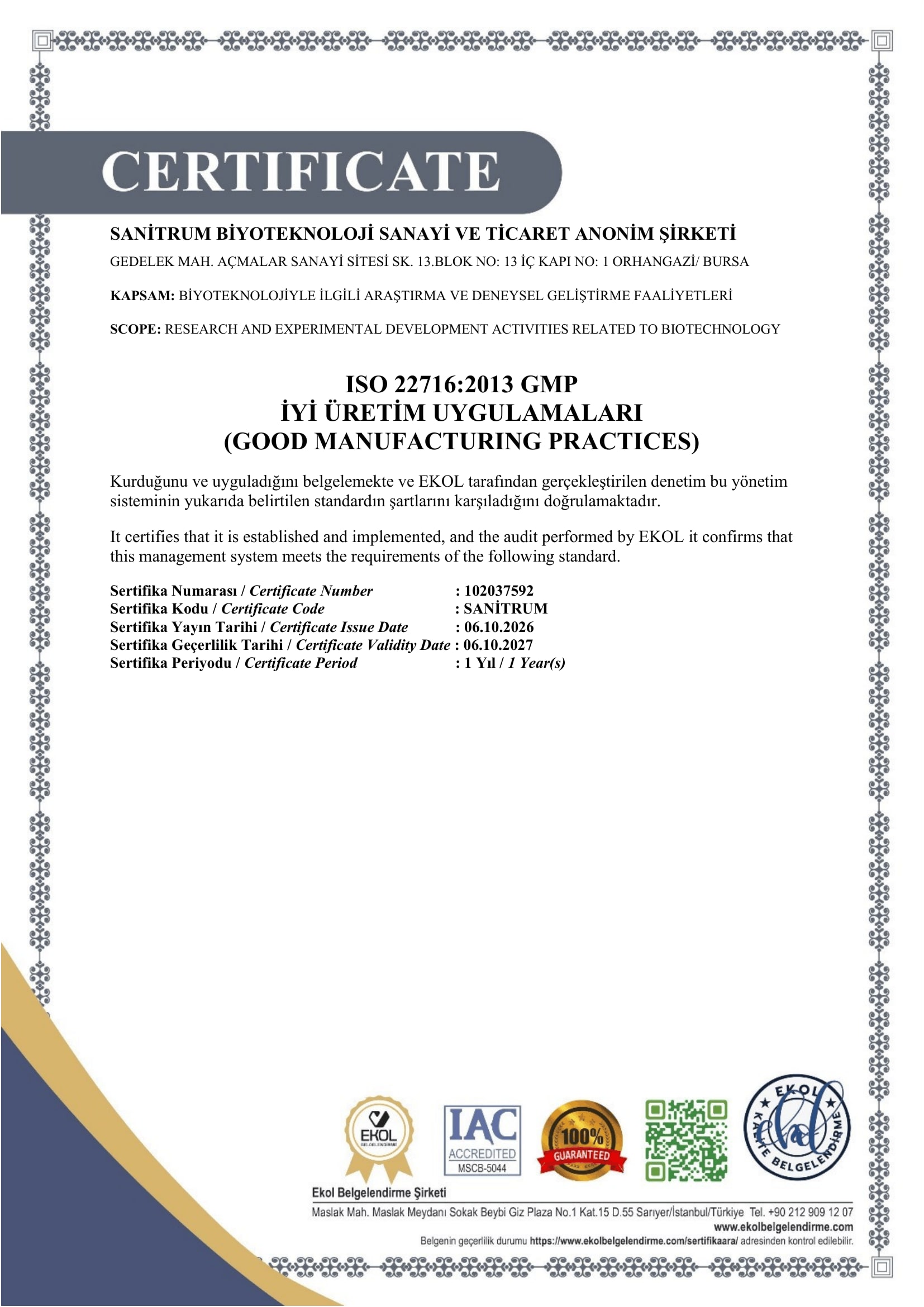 ISO 22716:2013 GMP İyi Üretim Uygulamaları Belgesi — Sanitrum