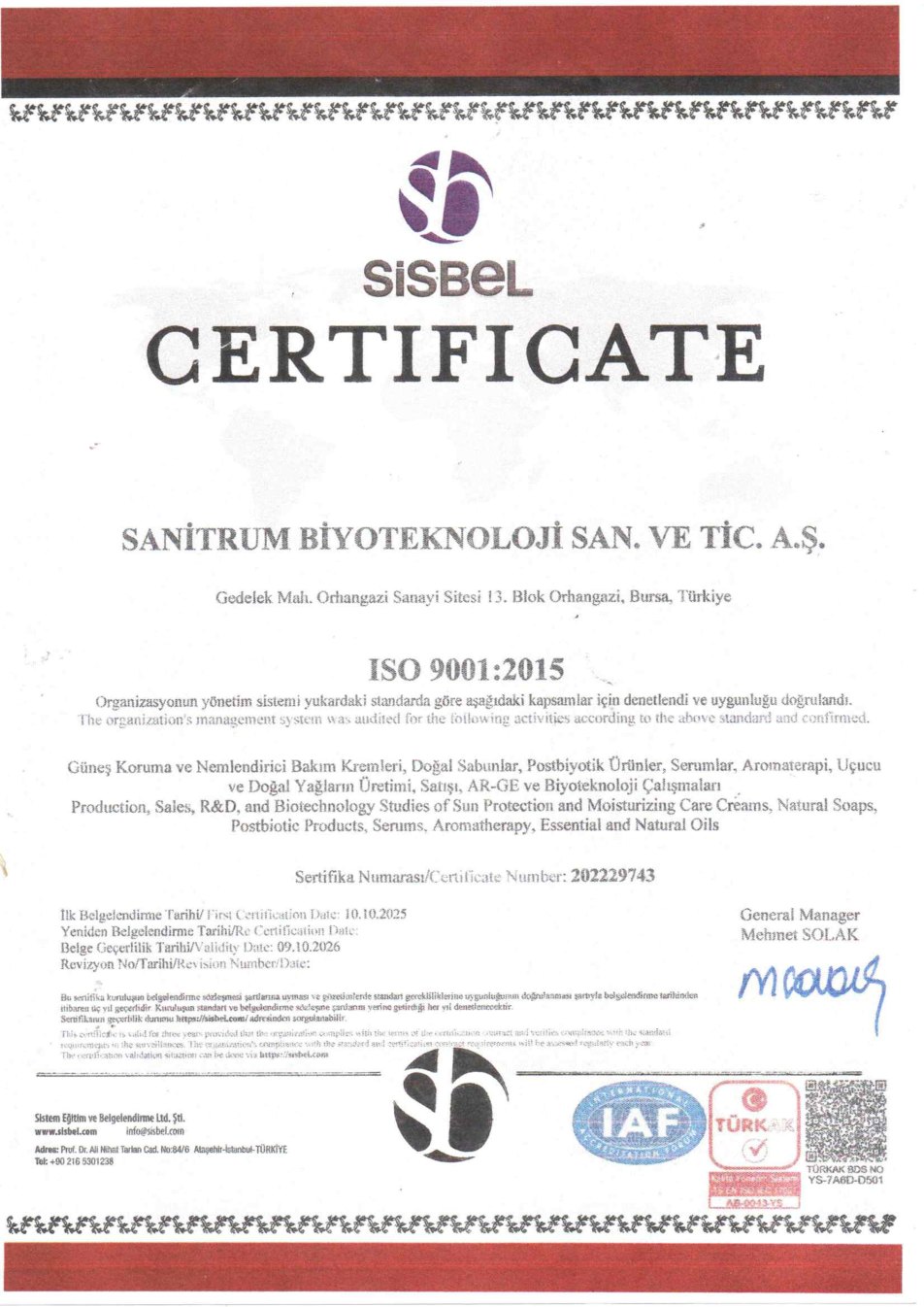 ISO 9001:2015 Kalite Yönetim Sistemi Belgesi — Sanitrum