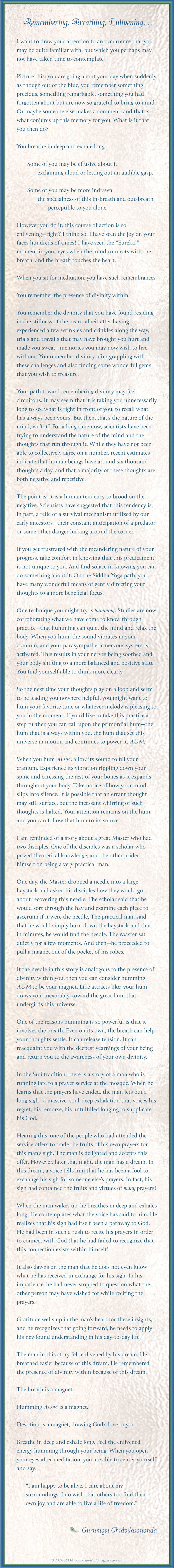 Remembering, Breathing, Enlivening...
