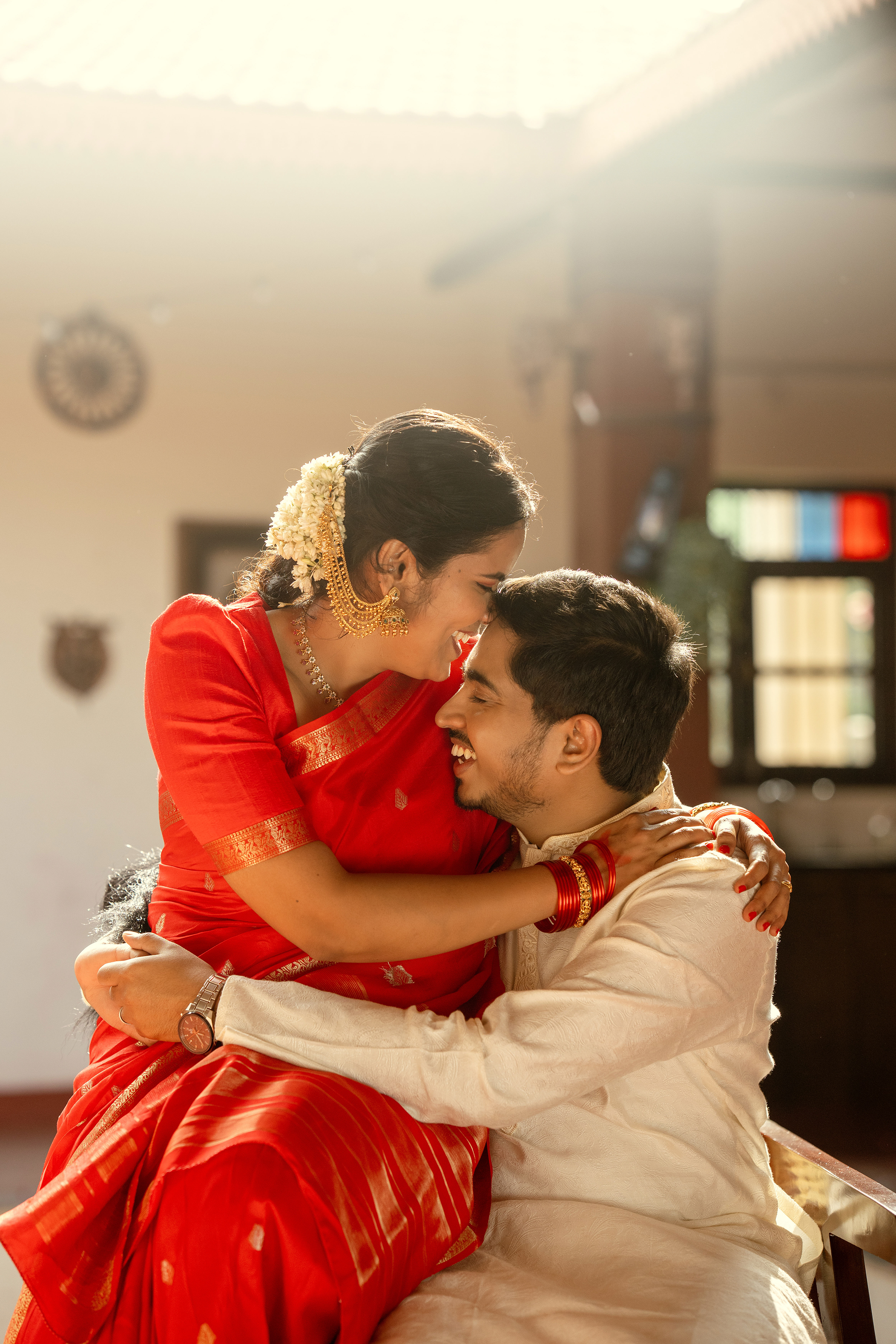A newlywed couple sharing a portrait together on their wedding day
