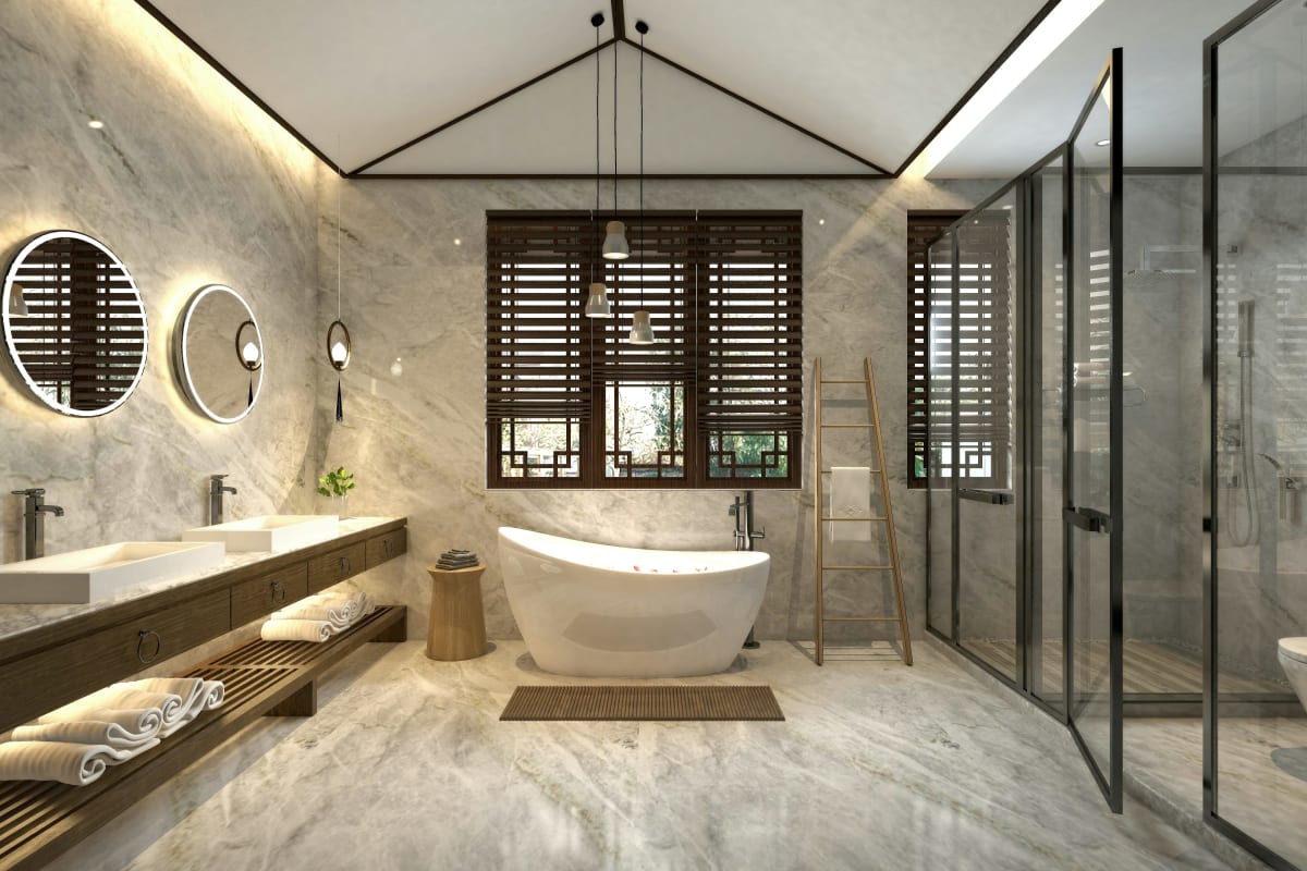 Spa bathroom with a freestanding tub and double vanity