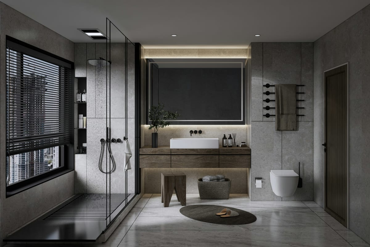 Modern gray bathroom with a glass shower and floating vanity