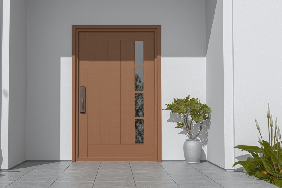 Modern wood-look front door with a narrow glass strip
