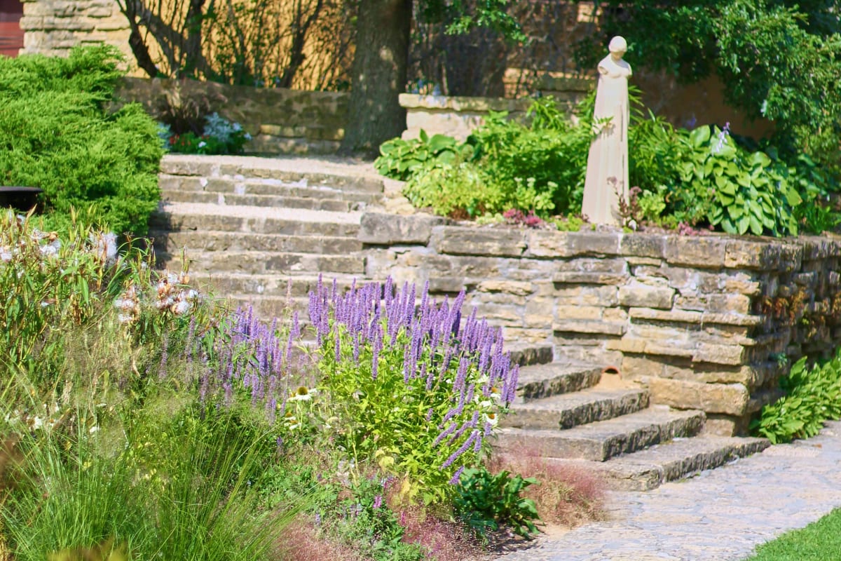 Stone retaining wall and steps in a planted garden