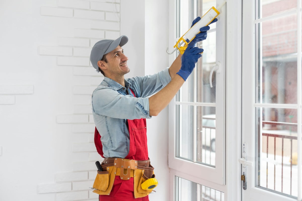 Installer caulking around a new window frame