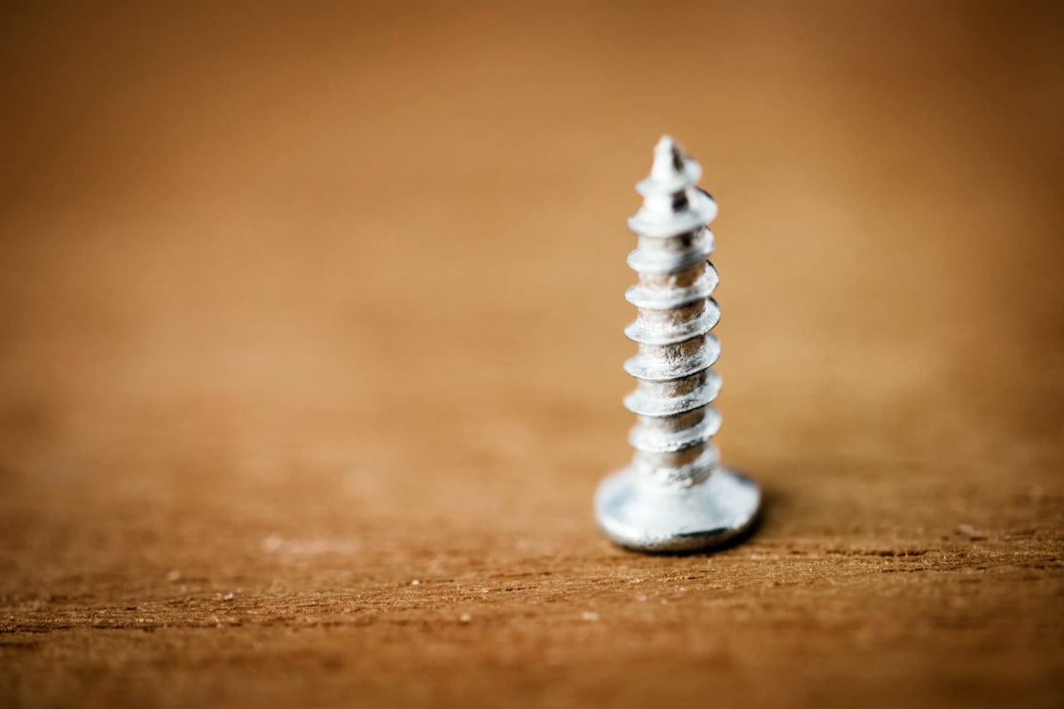 Single coated screw standing on wood