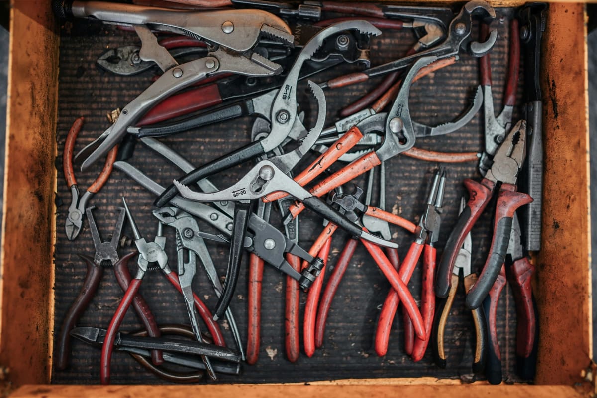Drawer full of pliers in a shop