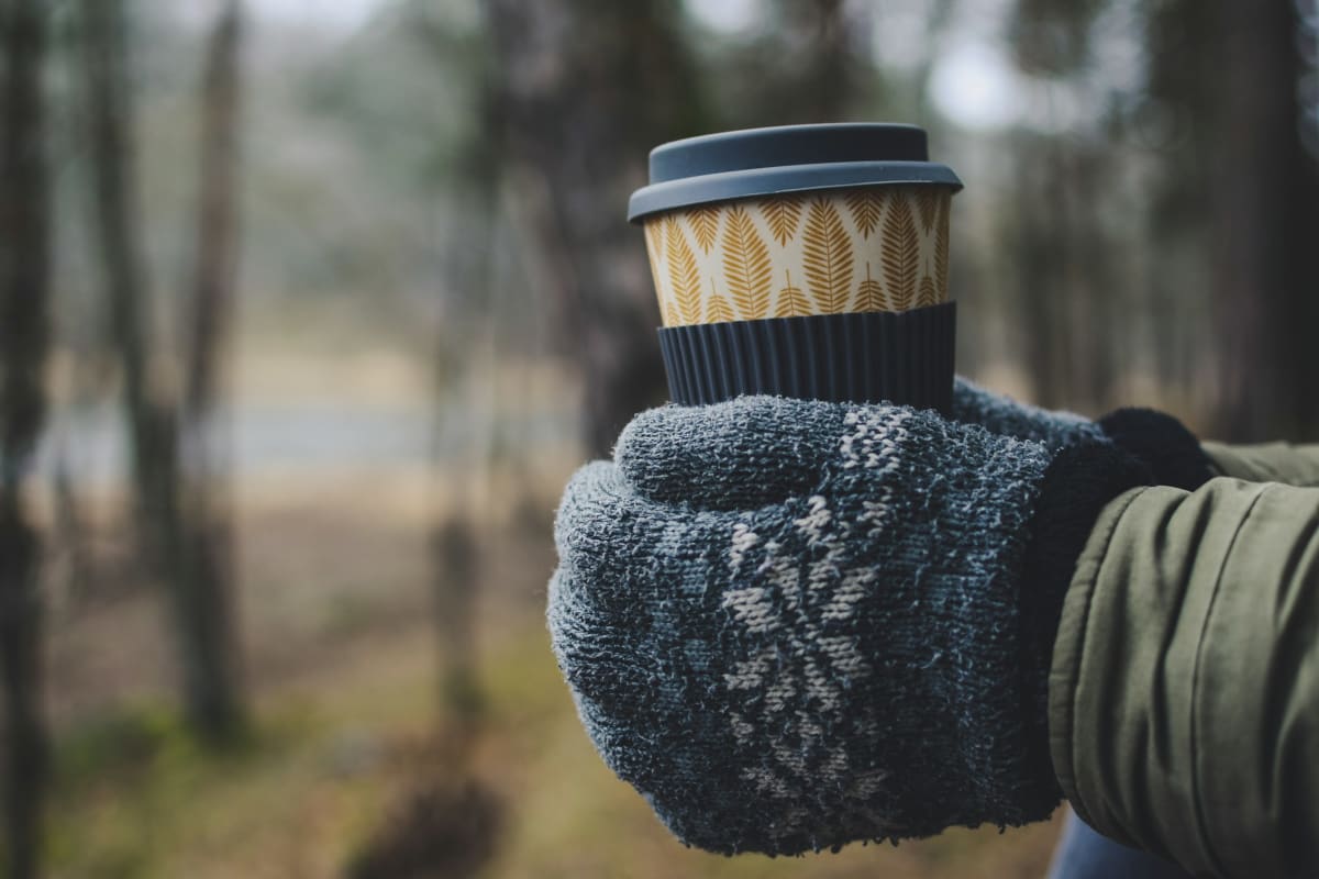 Gloved hand holding a hot coffee in the cold woods