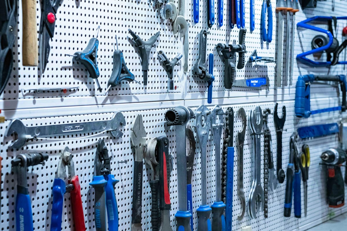 Pegboard full of hand tools