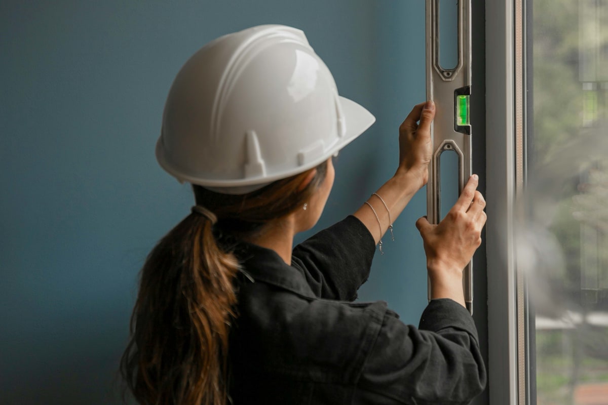 Builder in a hard hat checking a wall with a level