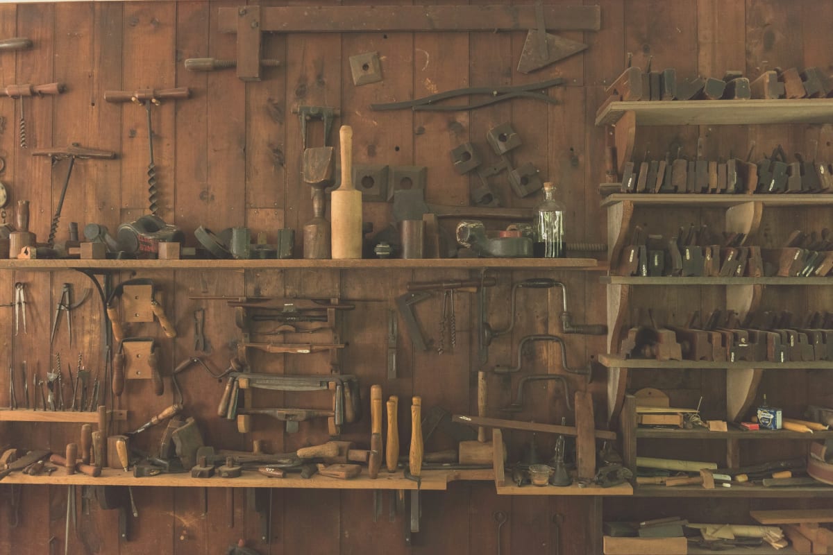 Workshop wall of hand tools and clamps