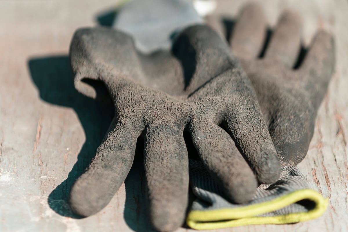 Work gloves resting on a board