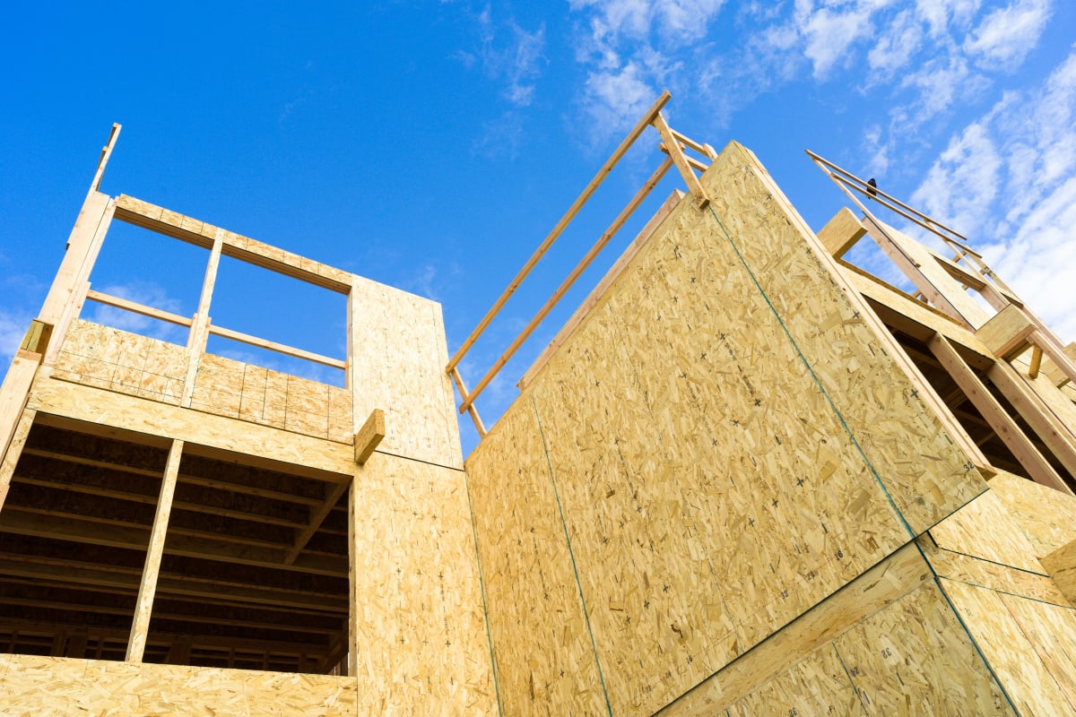 Sheathed walls going up on a new home