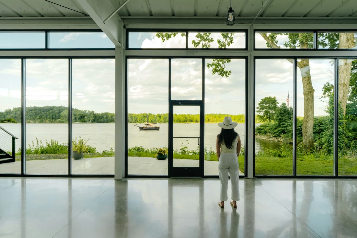 Wall of glass doors looking out to the water