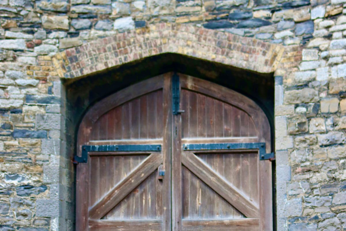 Wood double doors with strap hinges